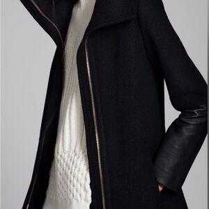 Club Monaco Black Wool Trench Coat with Leather Sleeves